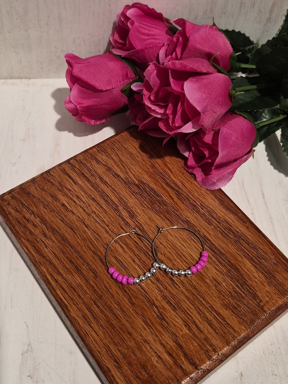 Silver Hoop Earrings with Hot Pink Beads by